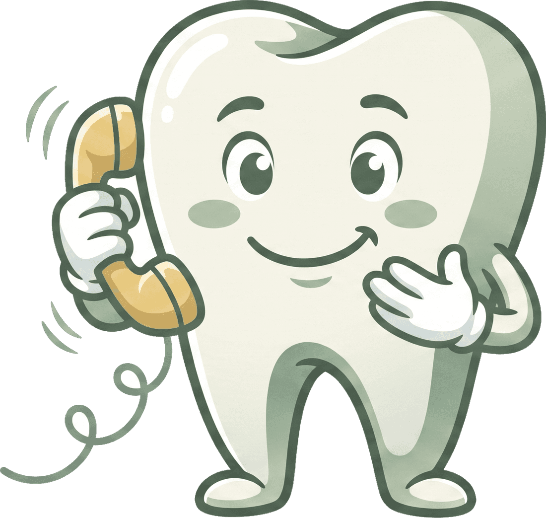 Cartoon tooth mascot answering a phone call