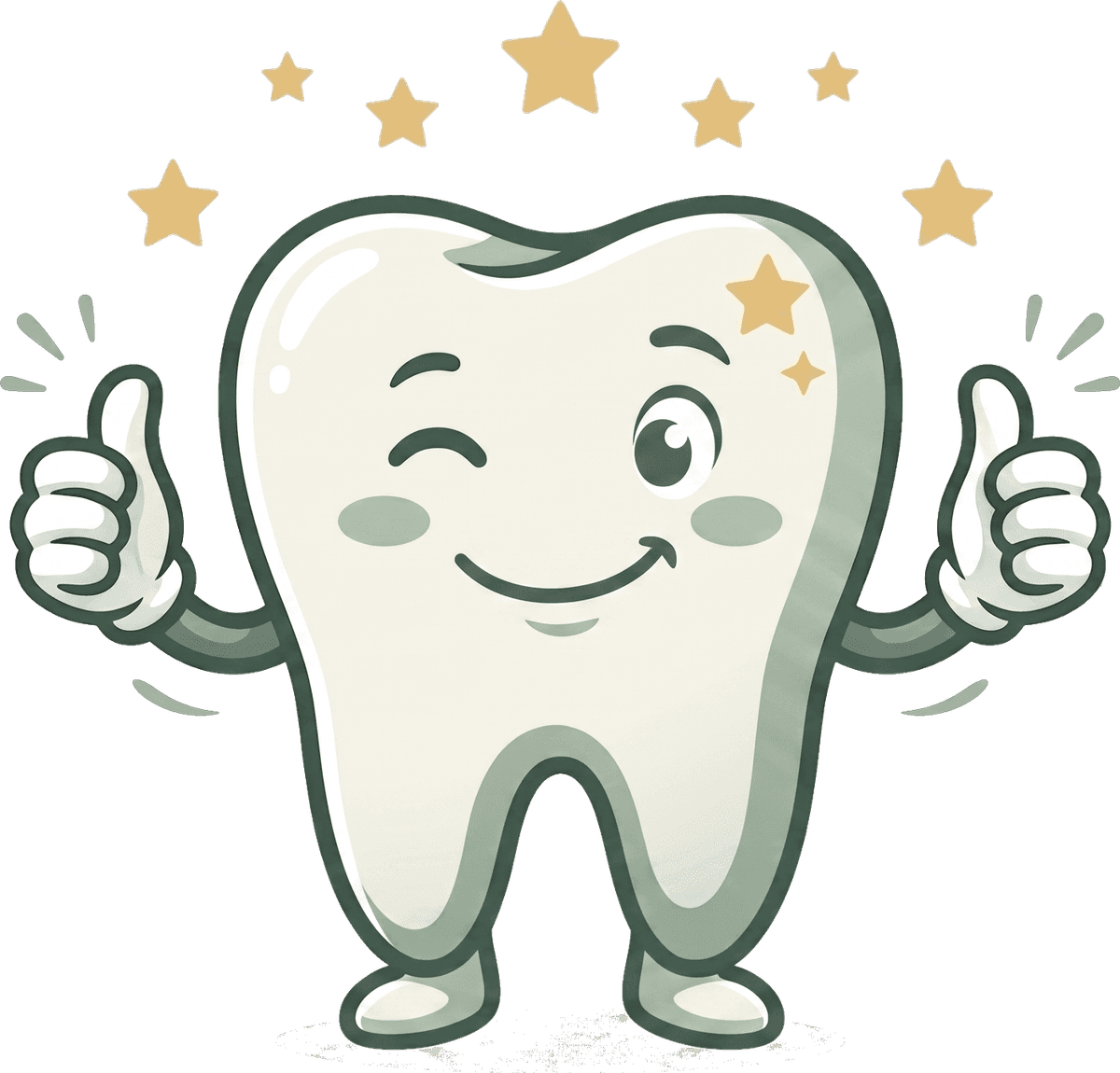 Cartoon tooth mascot celebrating a 5.0-star rating
